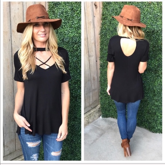 Infinity Raine Tops - Black Cross Front Choker Top